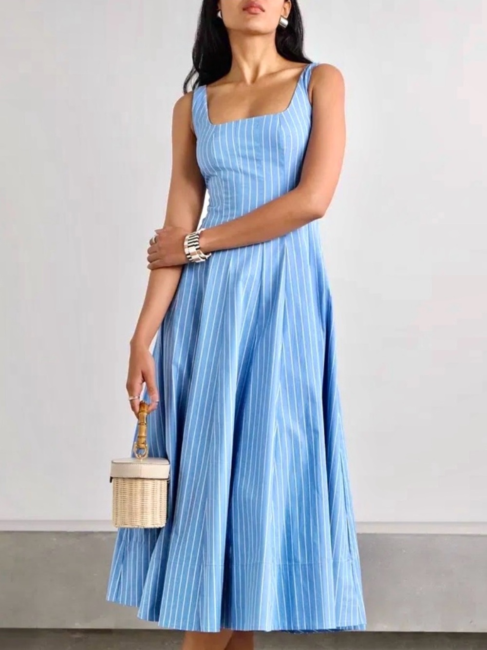 🌺🎉HP🎉🌺 NWOT Staud Wells Midi Dress Azure Pinstripe 🌟Rare Find🌟